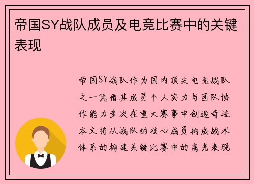 帝国SY战队成员及电竞比赛中的关键表现