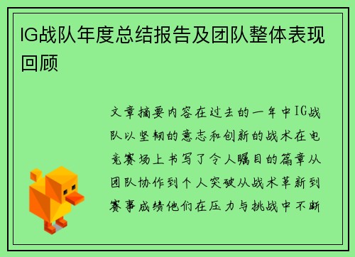 IG战队年度总结报告及团队整体表现回顾