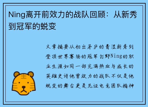 Ning离开前效力的战队回顾：从新秀到冠军的蜕变
