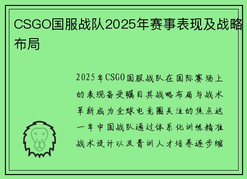 CSGO国服战队2025年赛事表现及战略布局